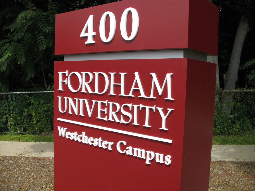 Fully custom fabricated pylon sign for Fordham University Westchester Campus